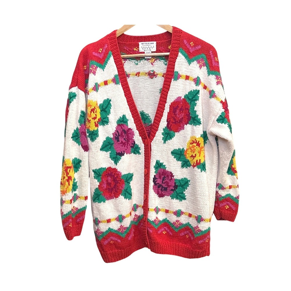 Vintage Picone Sport Hand Knit Floral Cardigan Cottagecore Folk Sweater 90s